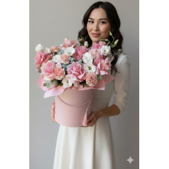 Коробка из букета цветов роз, лизиантусов, гвоздики и эвкалипта